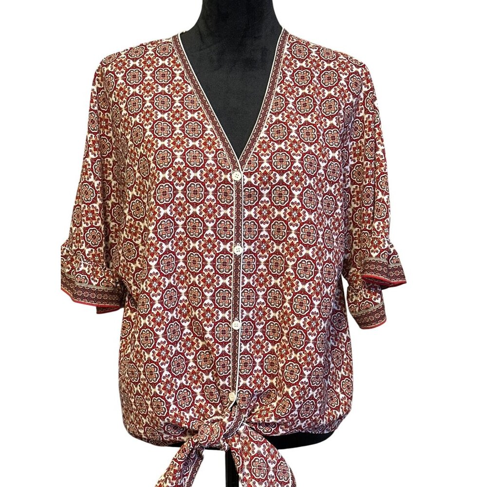 Max Studio Womens Boho Red & White Floral Print Tie-Front Blouse With 3/4 Sleeve